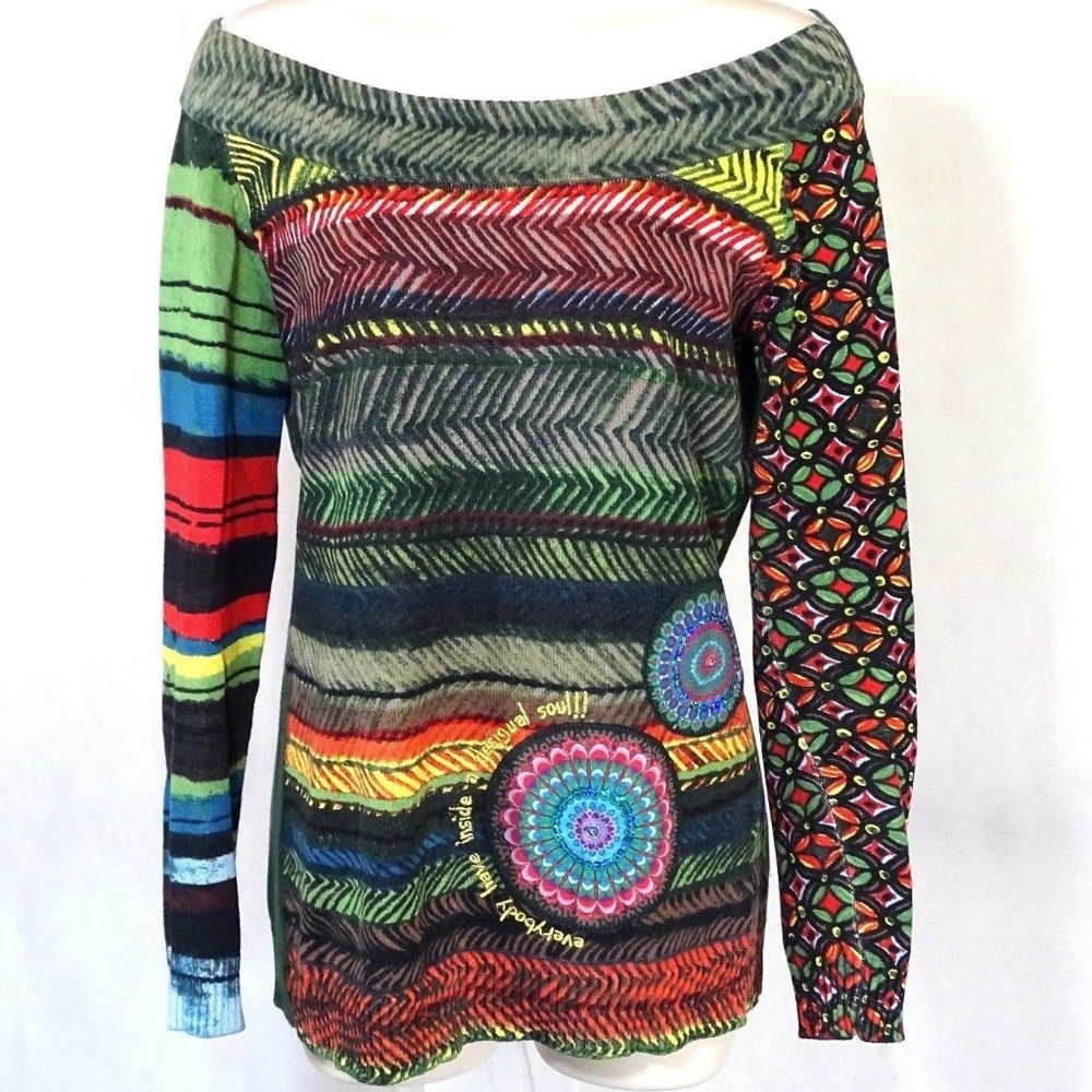 Desigual Multicolor Patterned Women's Sweater - Green, Red, Blue, Yellow, Black
